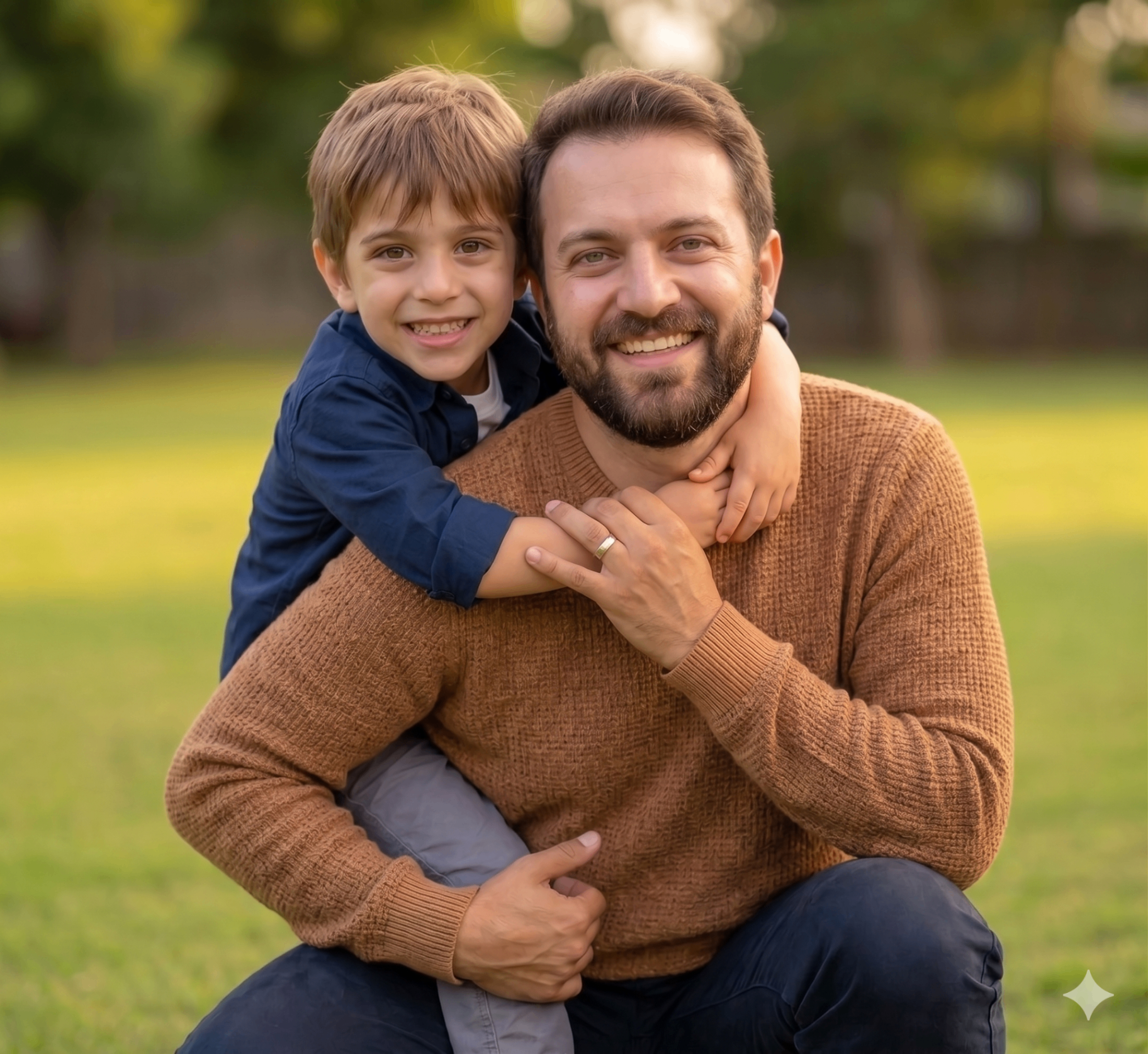 Happy father hugging his young son outdoors