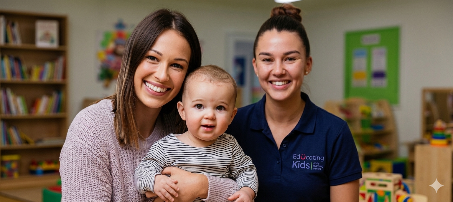 Parent and educator with baby in a bright nursery room