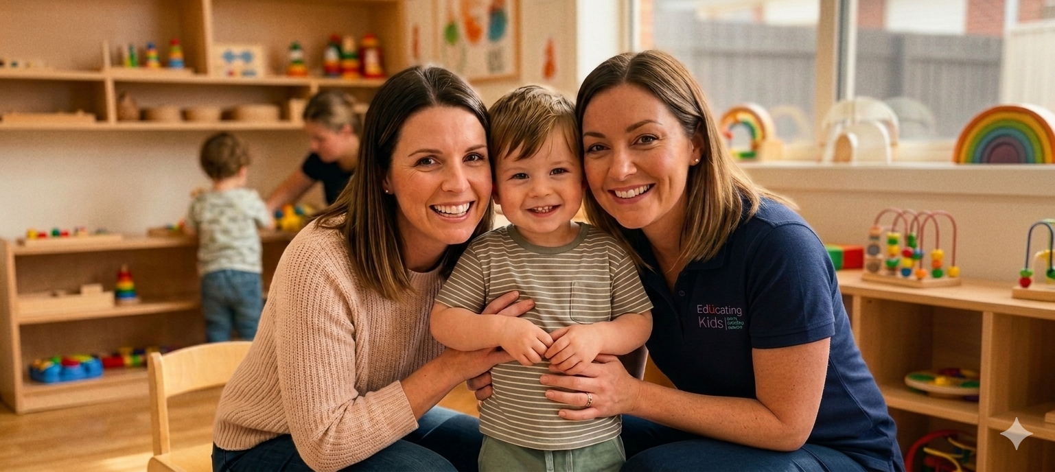Parent and educators with toddler in a bright early learning room