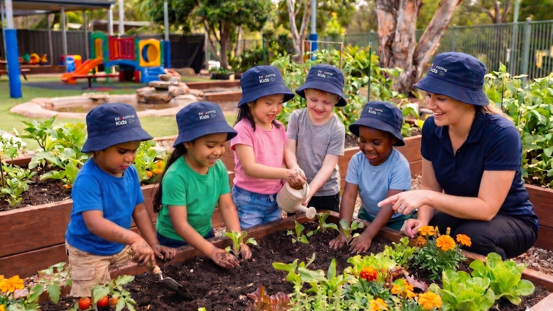 Educating Kids educator and children exploring a vegetable garden together