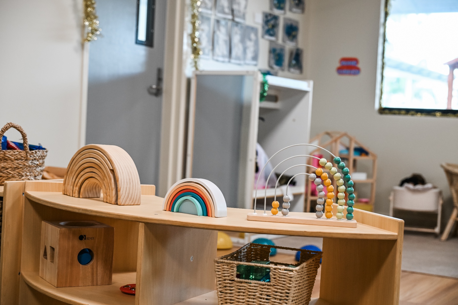 Natural wooden rainbows and learning materials at Mount Low