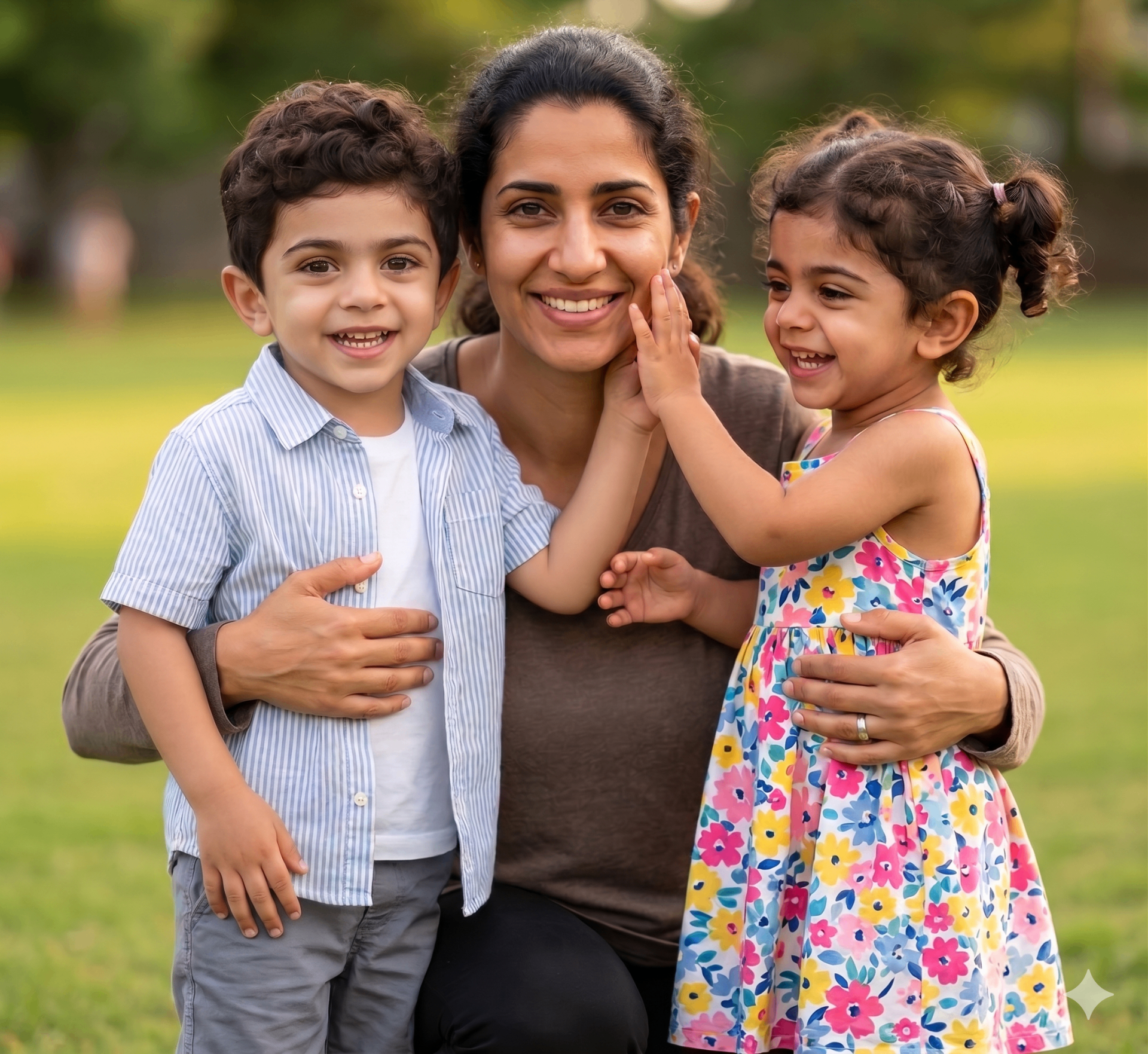 Happy mother with two young children outdoors